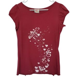 🟢2347 * Roxy Red Graphic Heart Print Cap Sleeve Vintage Top L Vintage 90s Y2K